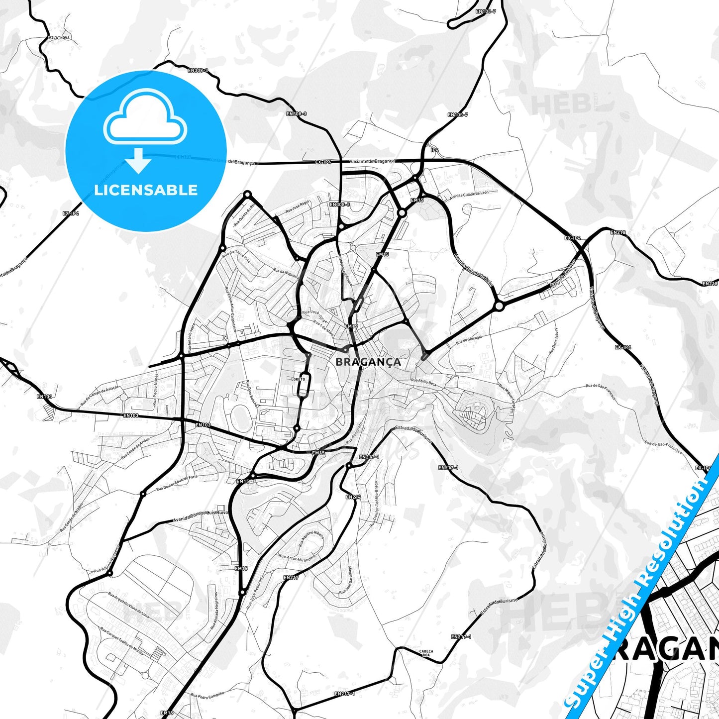 Bragança, Portugal Light Map with Street Names, City Names, and Districts
