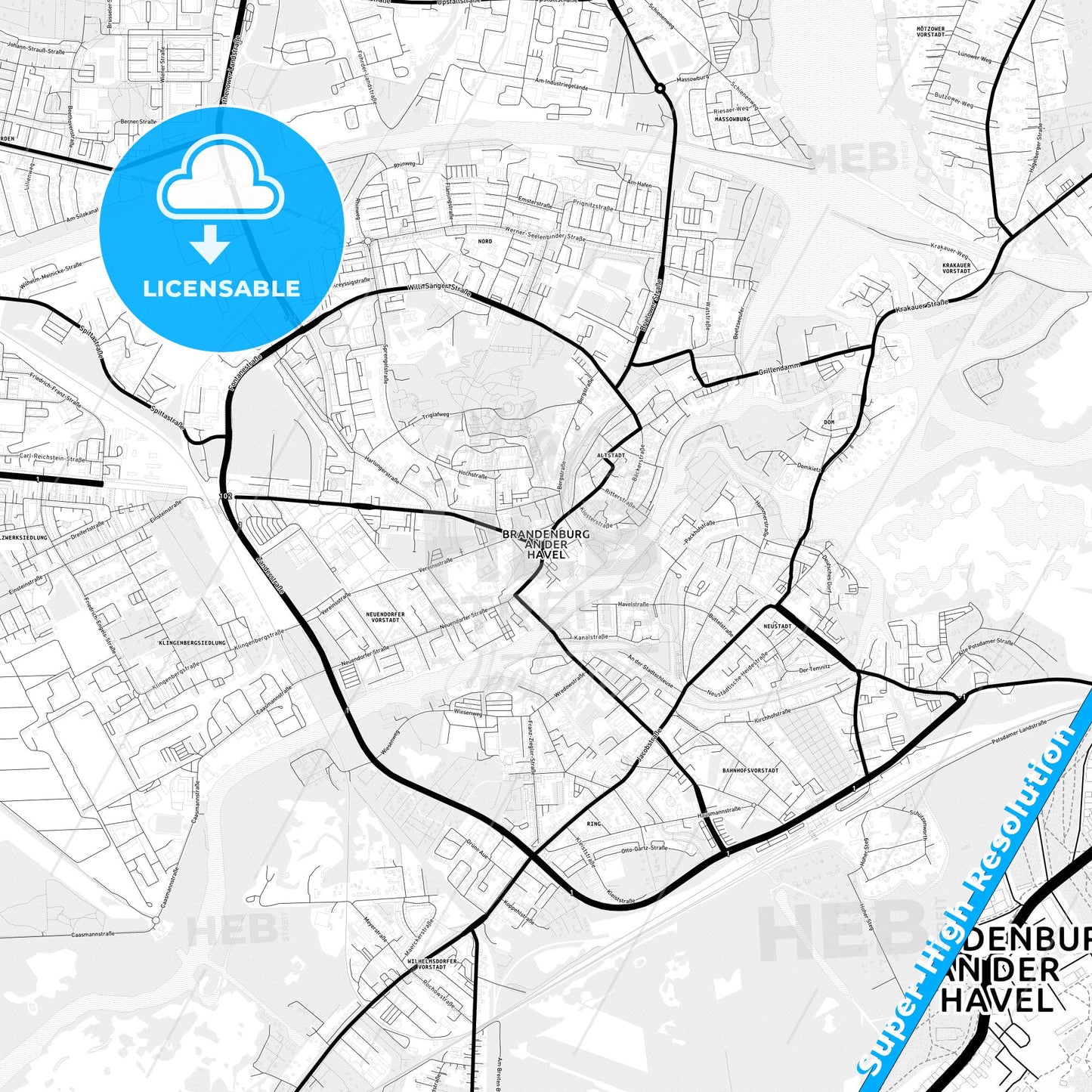 Brandenburg an der Havel, Germany Light Map with Street Names, City Names, and Districts
