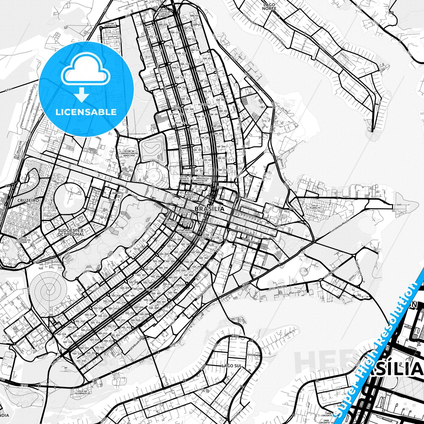 Brasilia, Brazil Light Map with Street Names, City Names, and Districts
