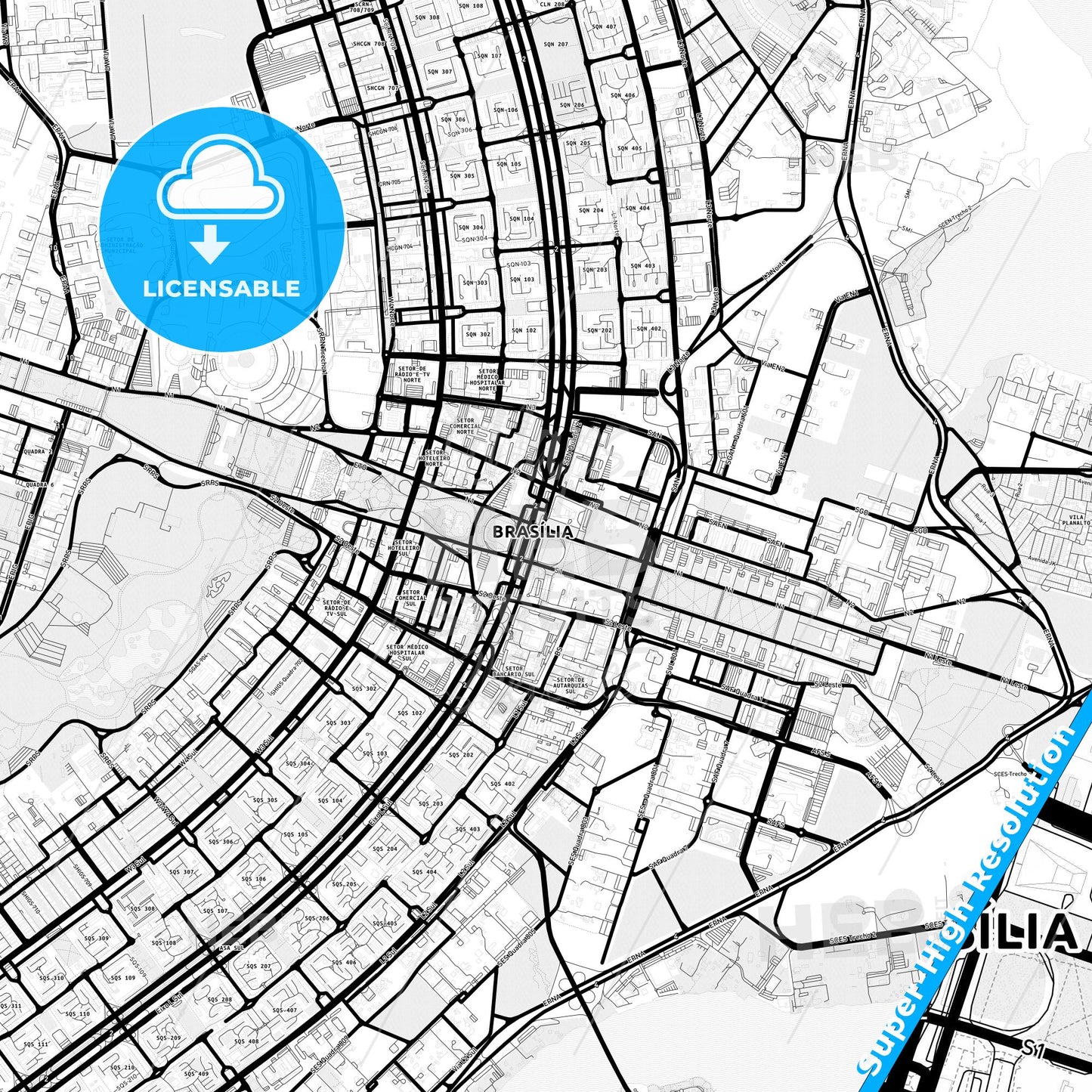 Brasilia, Brazil Light Map with Street Names, City Names, and Districts