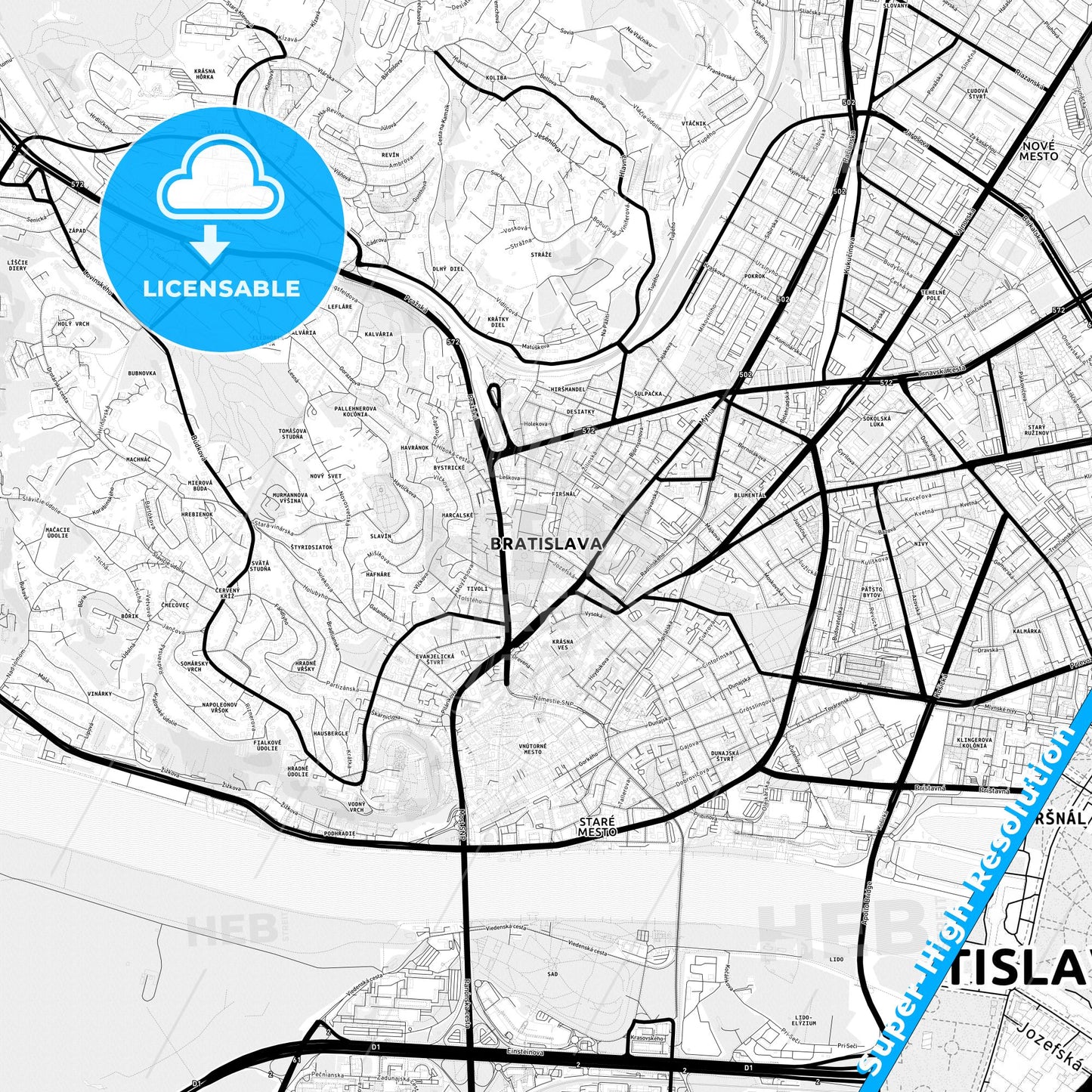 Bratislava, Slovakia Light Map with Street Names, City Names, and Districts