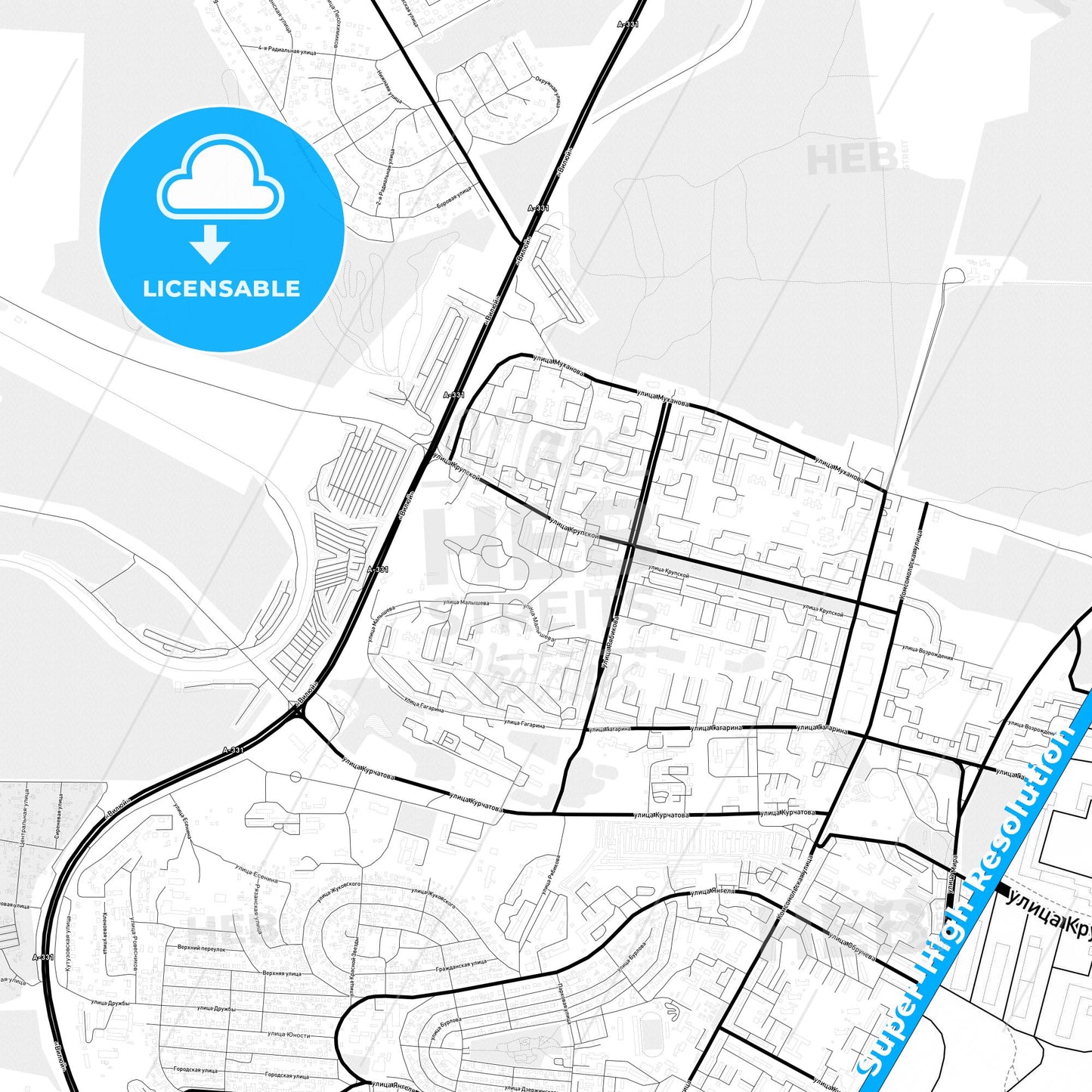 Bratsk, Russia Light Map with Street Names, City Names, and Districts