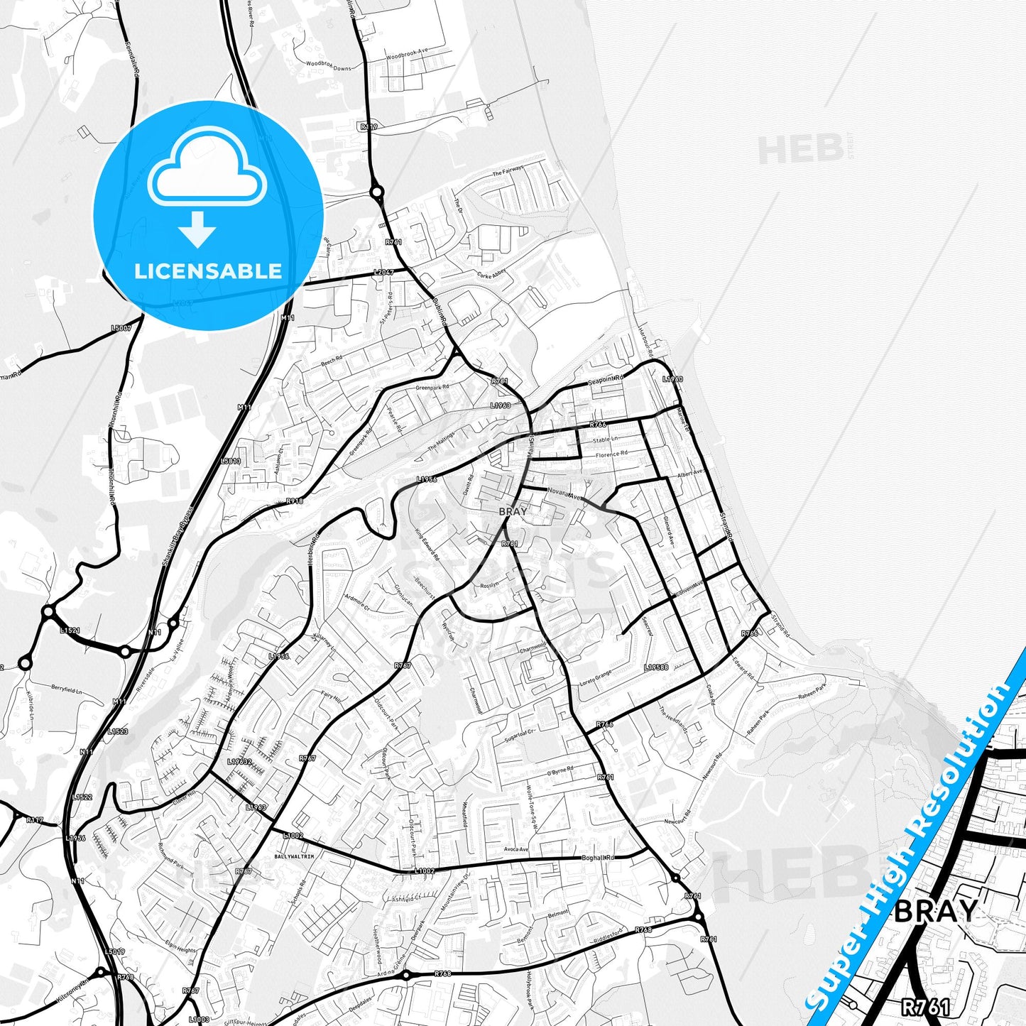 Bray, Ireland Light Map with Street Names, City Names, and Districts