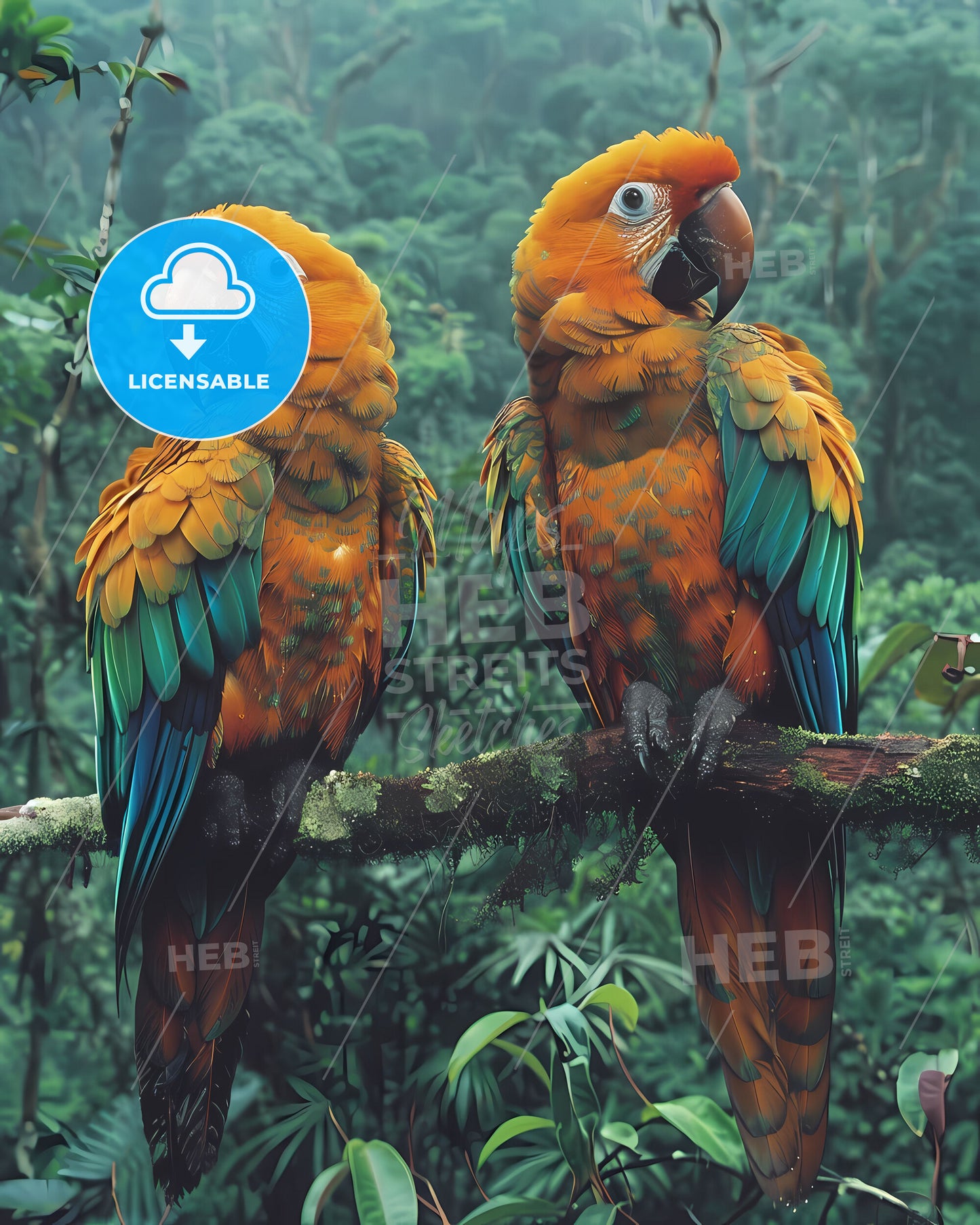 Exotic Wildlife Painting from Brazil: Vibrant Parrots Adorn a Branch