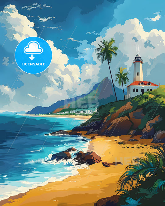 Artistic Beach Scene with Lighthouse and Palms in Vibrant Brazilian Ambience in South America
