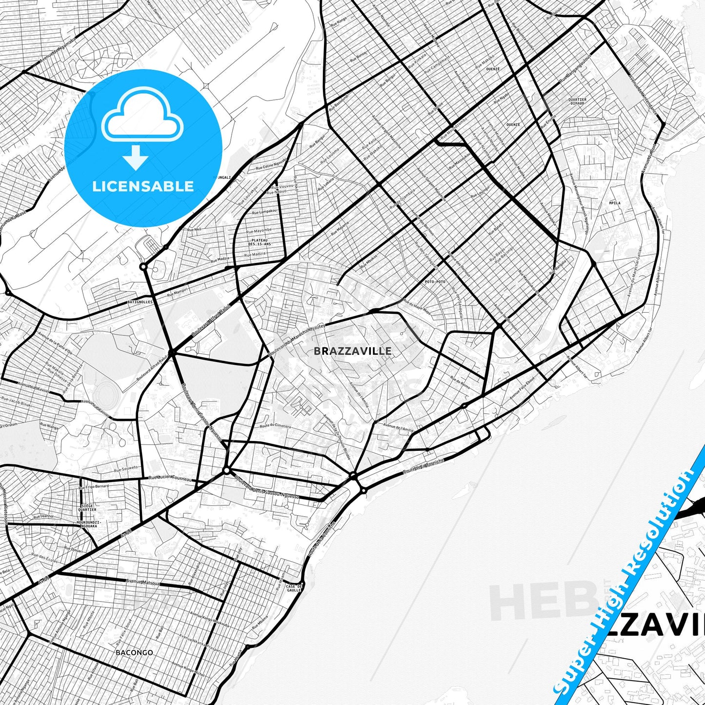 Brazzaville, Republic Of The Congo Light Map with Street Names, City Names, and Districts