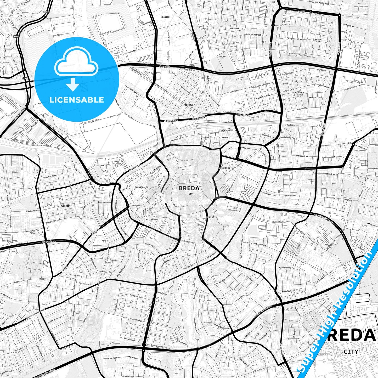 Breda, Netherlands Light Map with Street Names, City Names, and Districts
