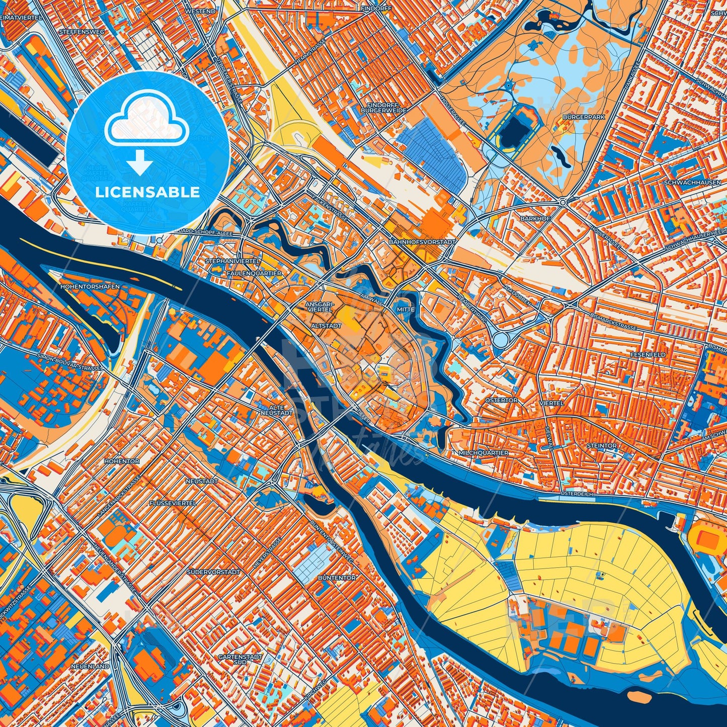 Colorful Bremen Street Map with Labels and Buildings