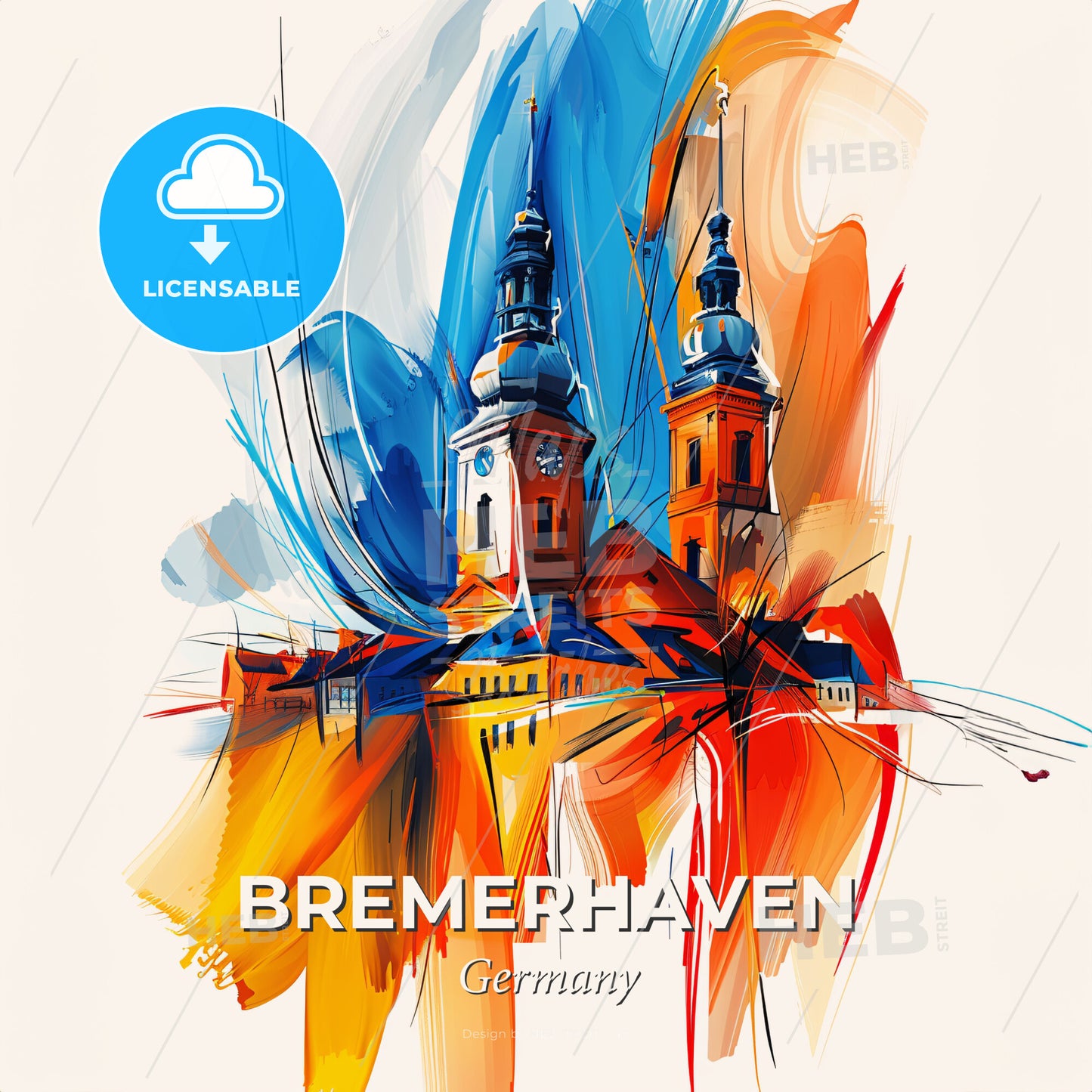 Vibrant Bremerhaven, Germany - A Painting Of A Building With Towers And A Blue And Orange Paint - Square format print template