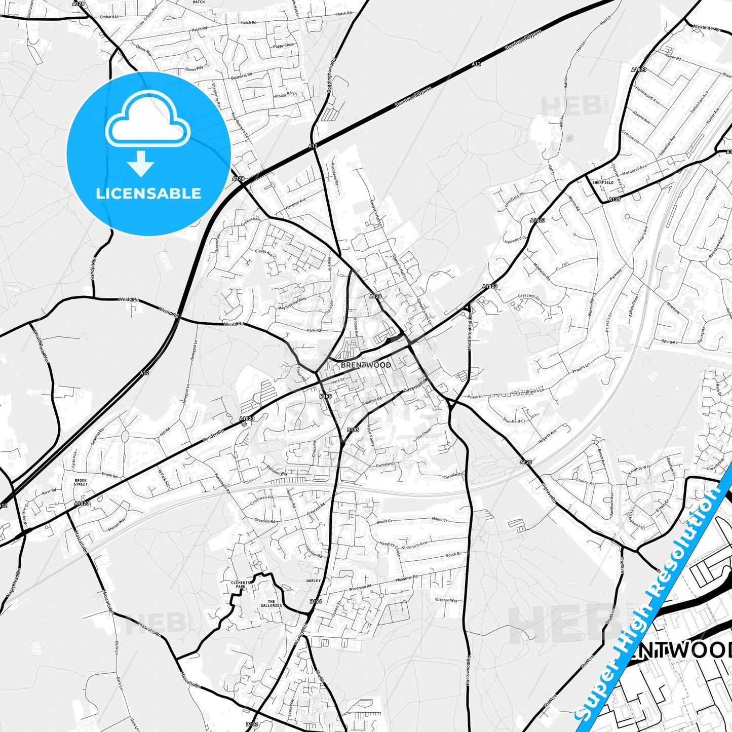 Brentwood, England Light Map with Street Names, City Names, and Districts