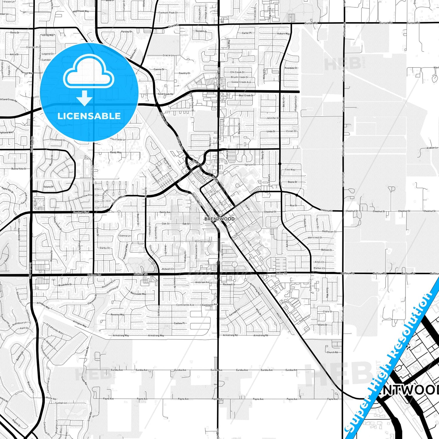 Brentwood, California Light Map with Street Names, City Names, and Districts