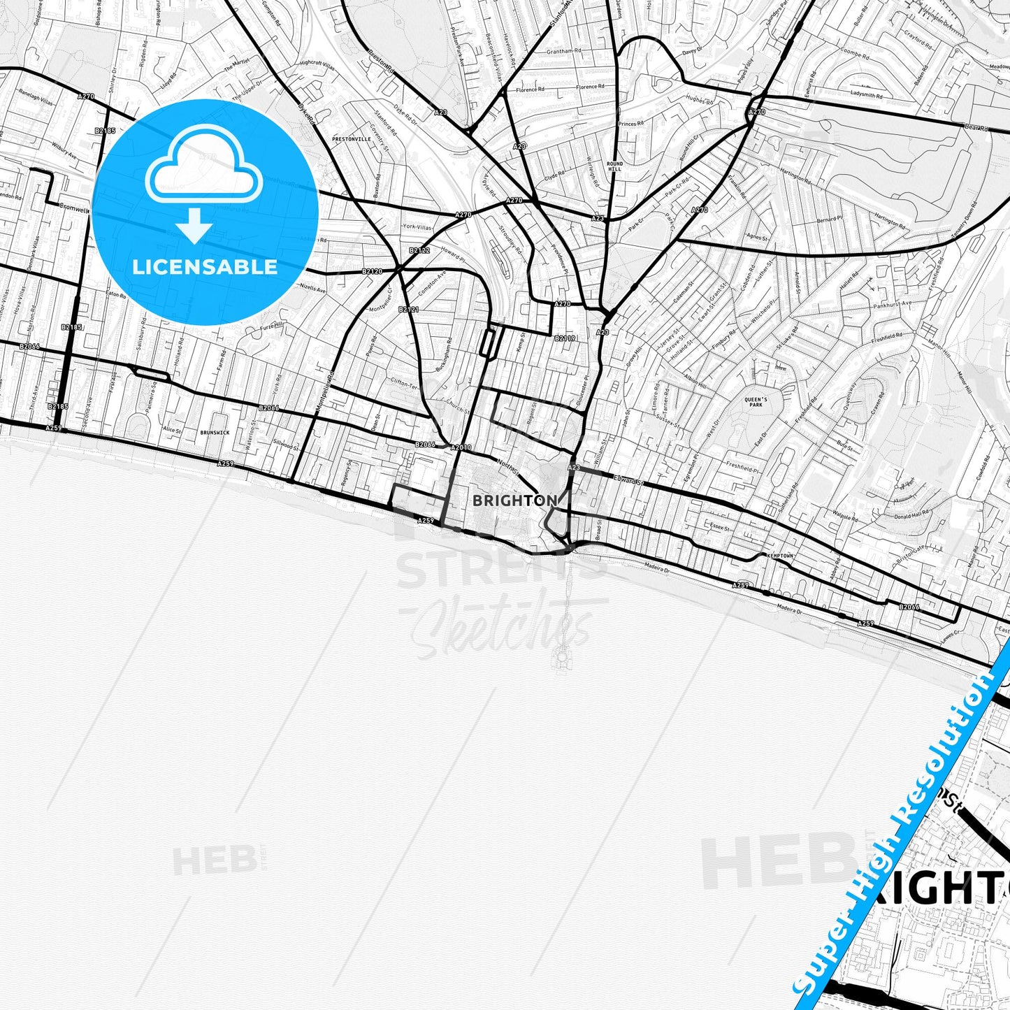 Brighton and Hove, England Light Map with Street Names, City Names, and Districts
