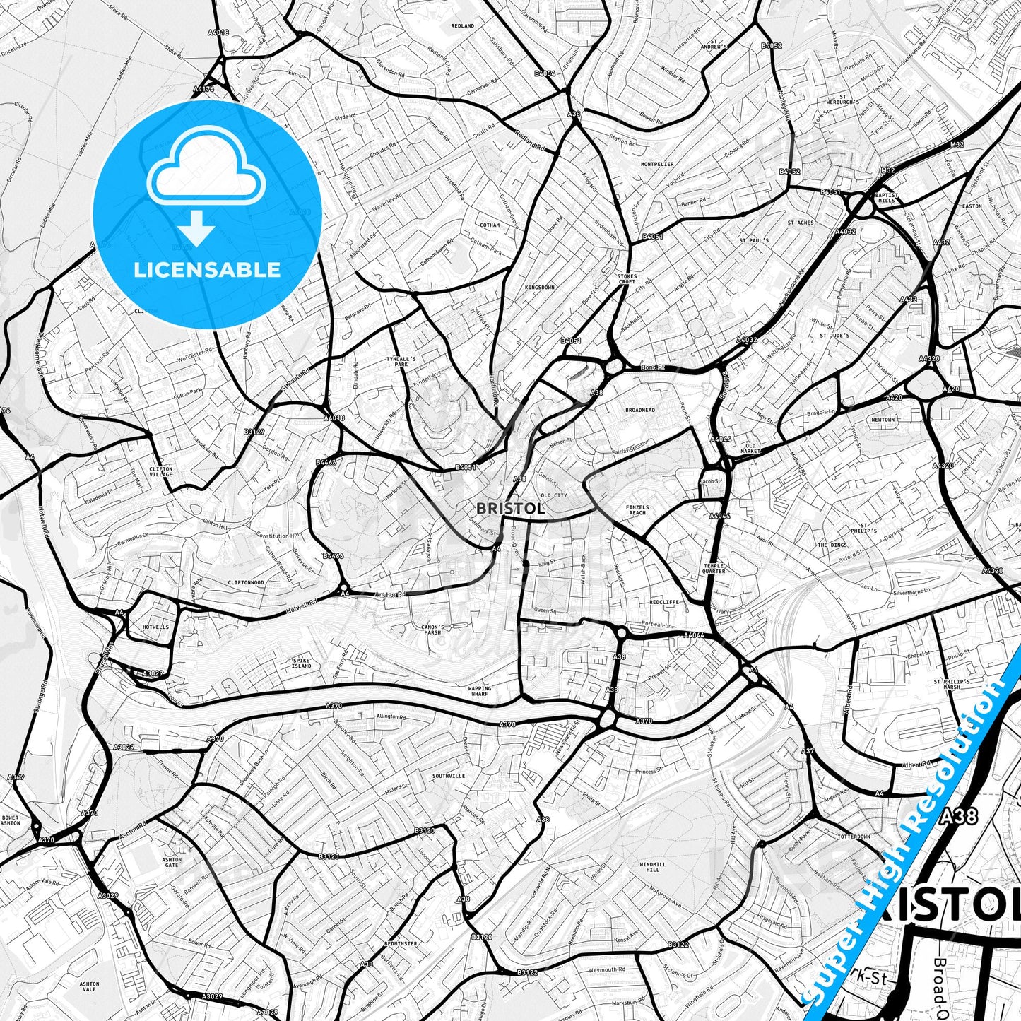 Bristol, England Light Map with Street Names, City Names, and Districts