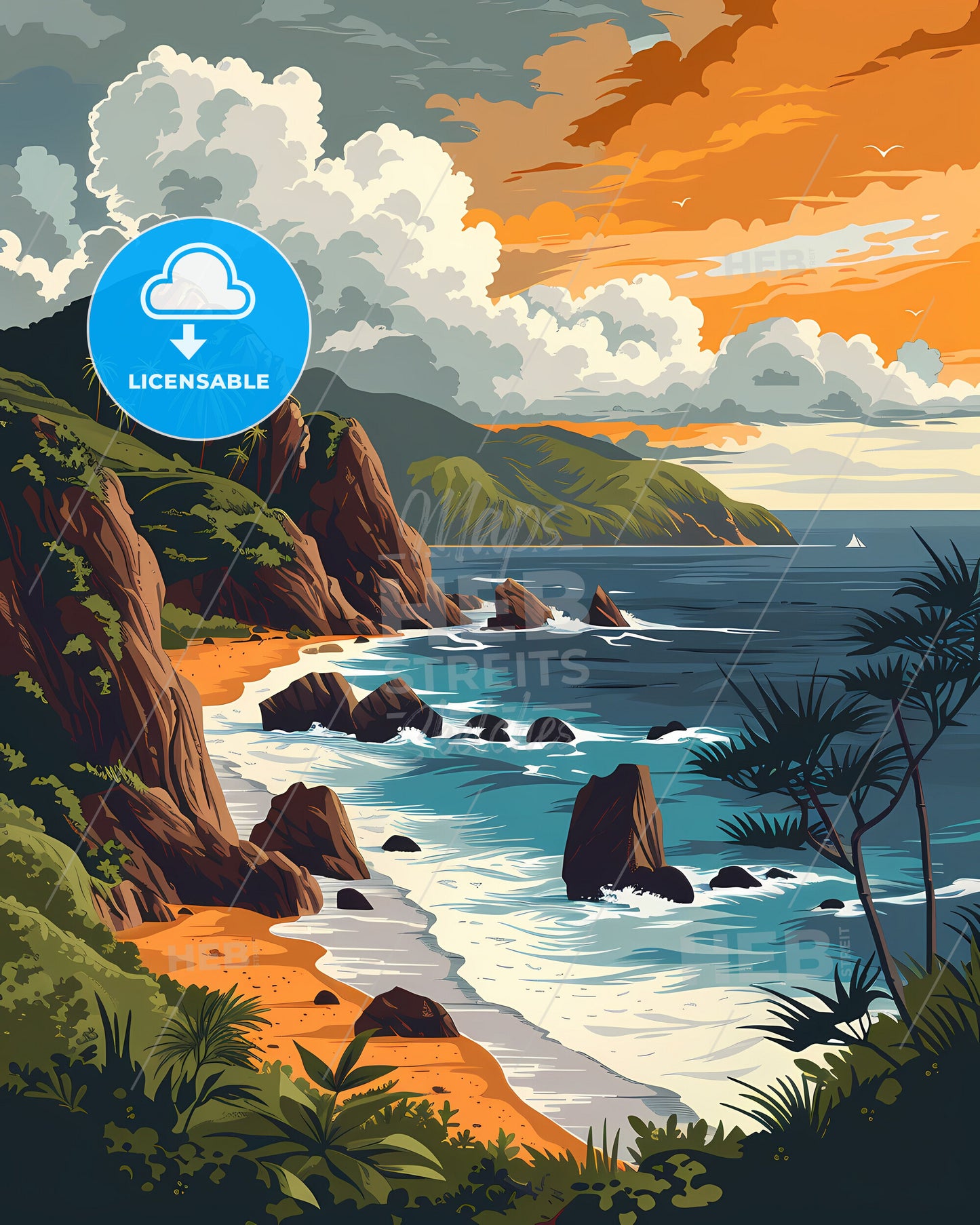 Beach in British Virgin Islands, North America - Abstract Artwork with Rocks and Trees