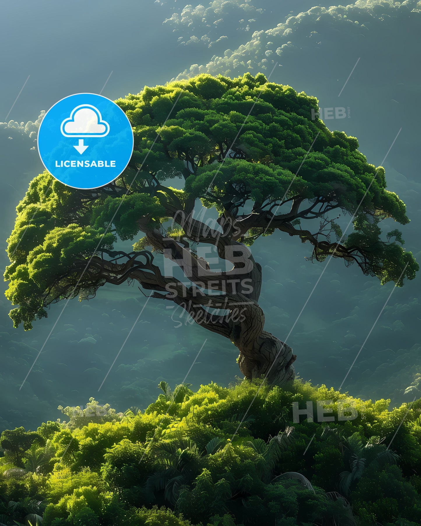 Vibrant Tropical Painting: Tree on Hillside, British Virgin Islands, North America