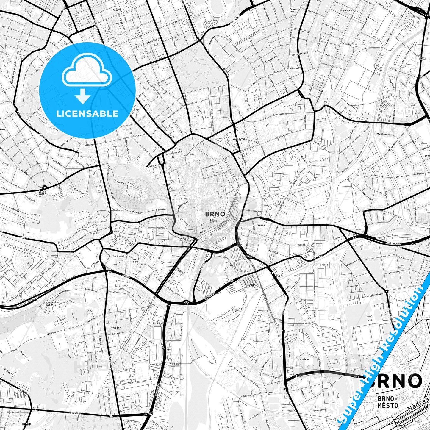Brno, Czechia Light Map with Street Names, City Names, and Districts