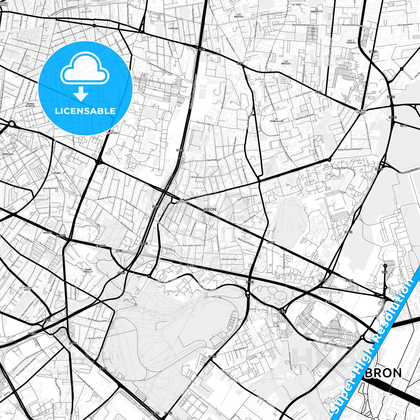 Bron, France Light Map with Street Names, City Names, and Districts