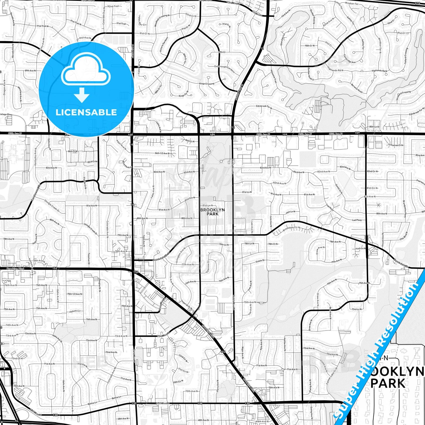 Brooklyn Park, Minnesota Light Map with Street Names, City Names, and Districts