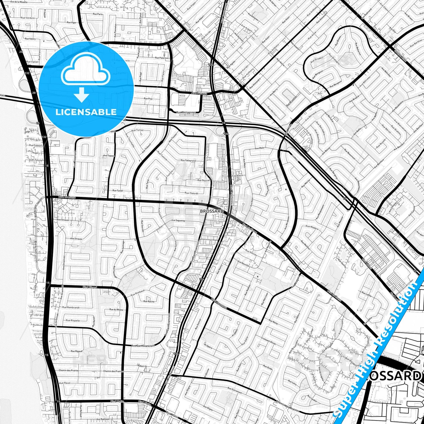 Brossard, Canada Light Map with Street Names, City Names, and Districts