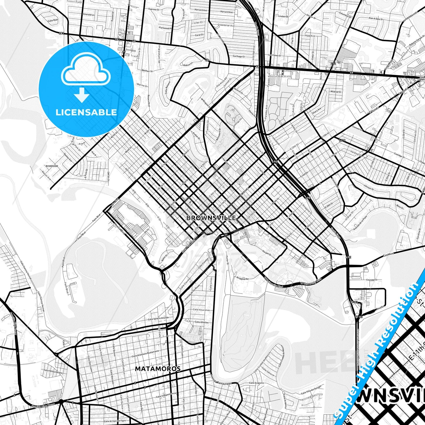 Brownsville, Texas Light Map with Street Names, City Names, and Districts