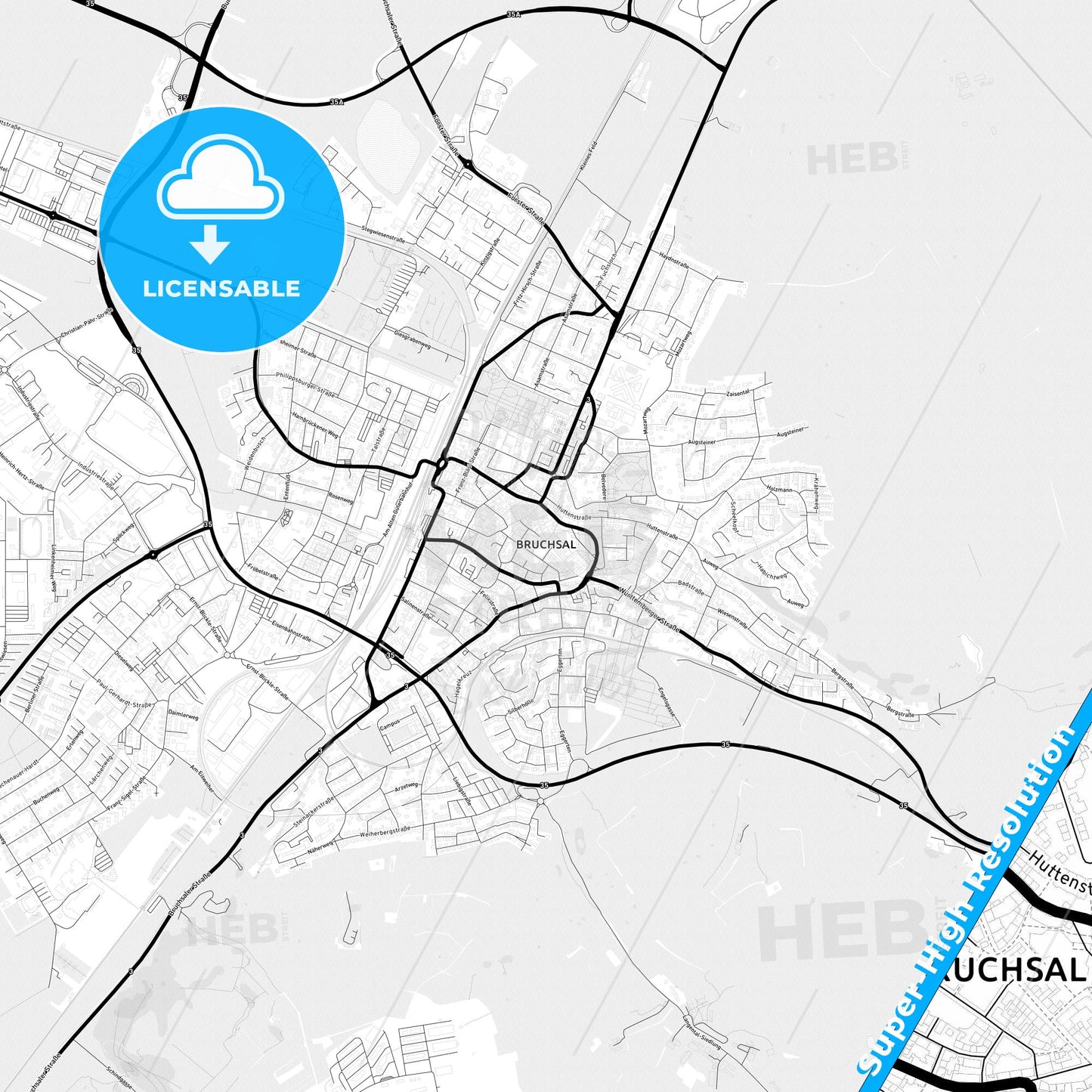 Bruchsal, Germany Light Map with Street Names, City Names, and Districts
