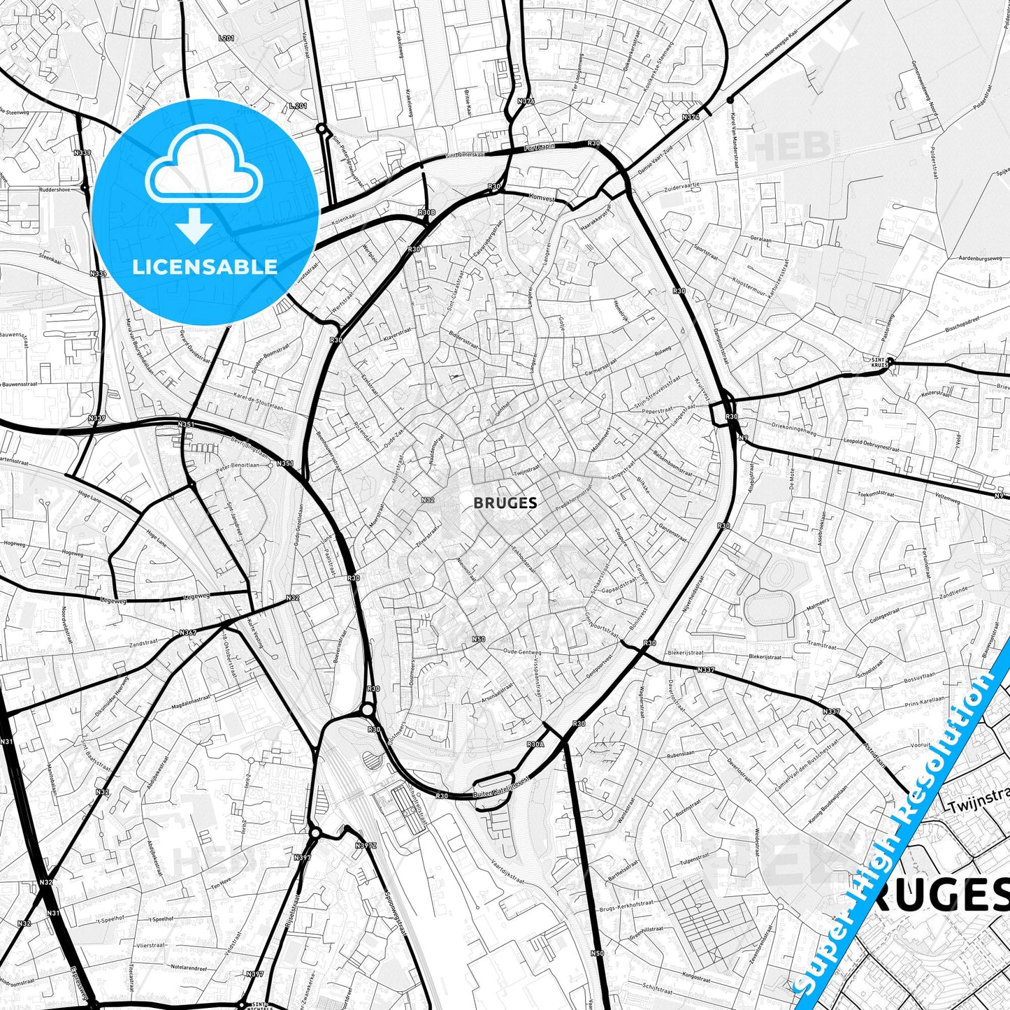 Bruges, Belgium Light Map with Street Names, City Names, and Districts