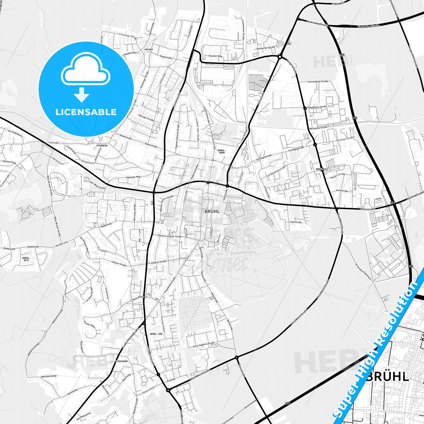 Bruhl, Germany Light Map with Street Names, City Names, and Districts