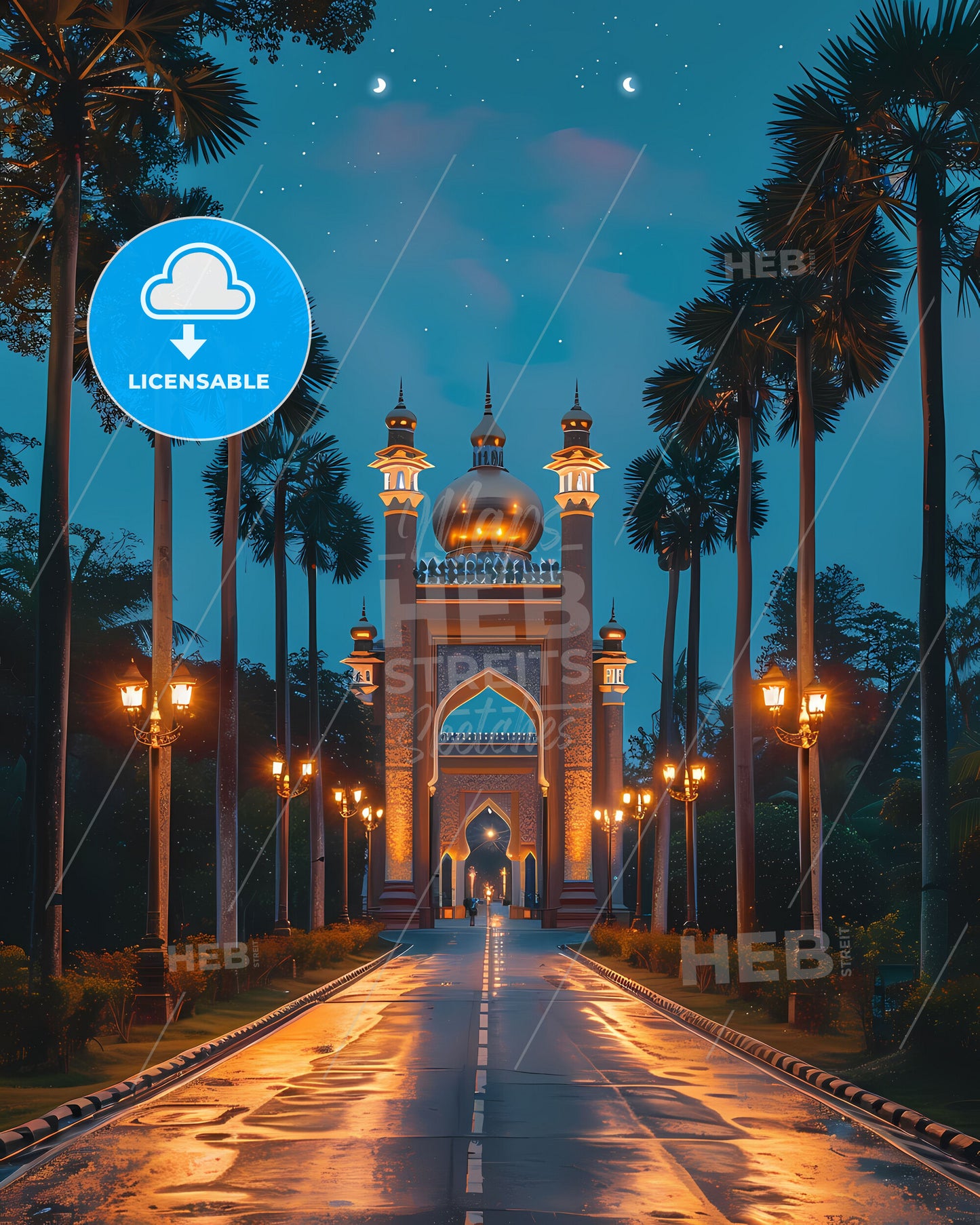 Brunei Southeast Asia Palm Trees Roadside Archway Vibrant Art Painting