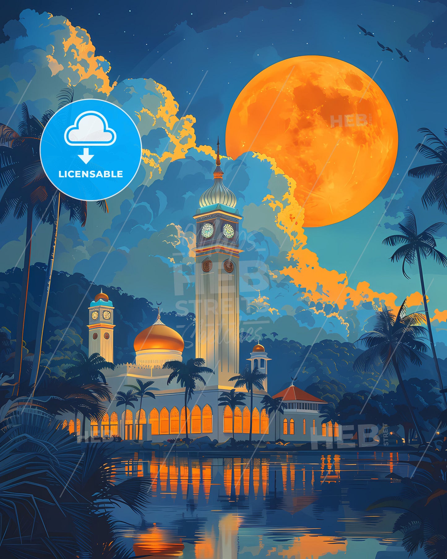 Brunei Darussalam Southeast Asia art painting vibrant moon building large