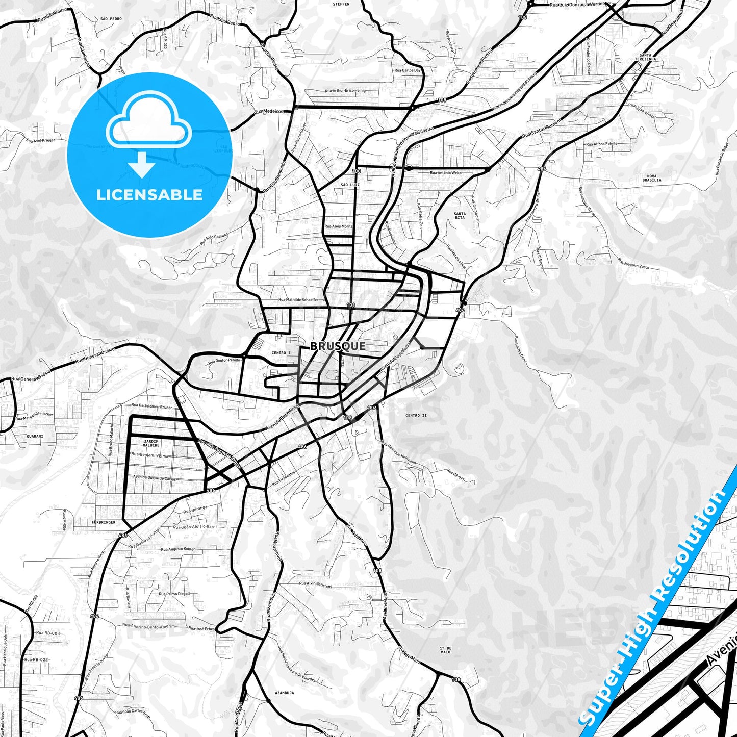 Brusque, Brazil Light Map with Street Names, City Names, and Districts