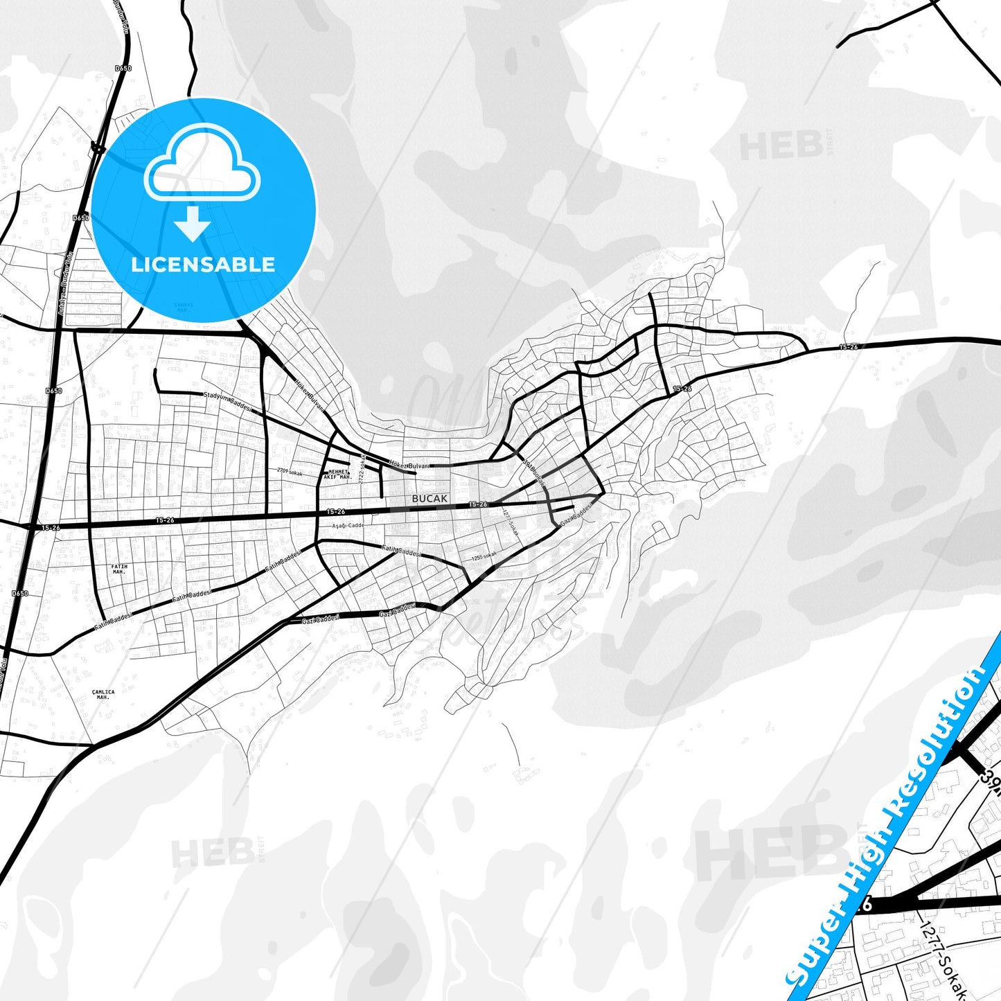 Bucak, Turkey Light Map with Street Names, City Names, and Districts