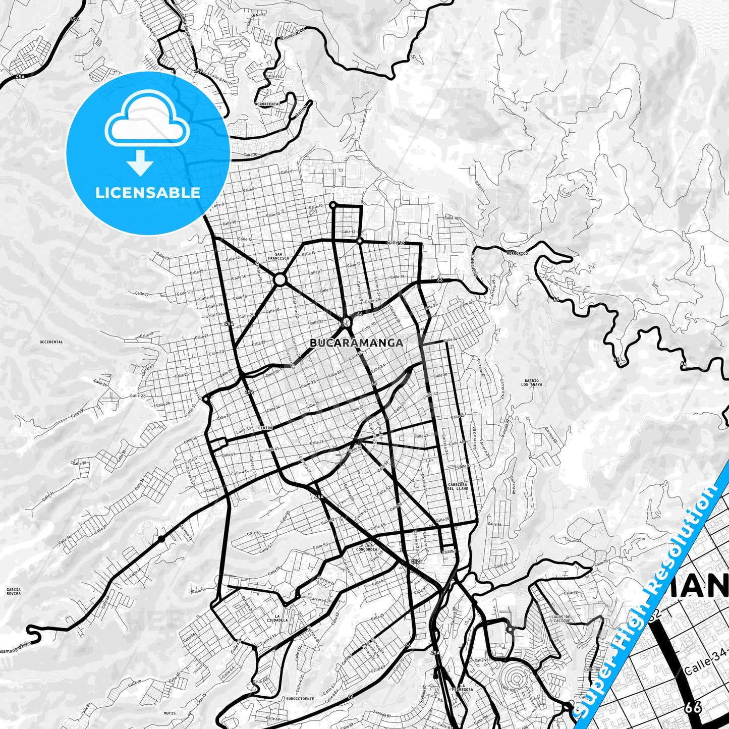Bucaramanga, Colombia Light Map with Street Names, City Names, and Districts