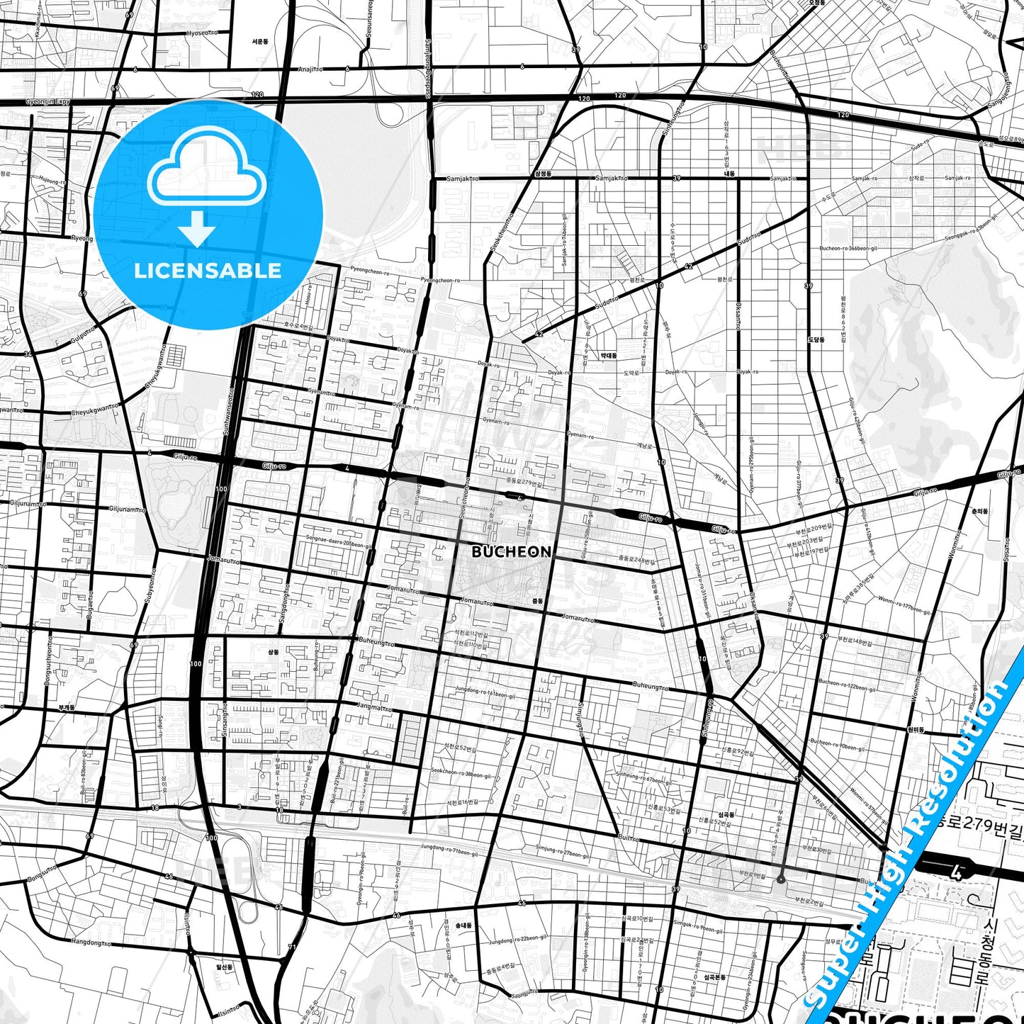 Bucheon, South Korea Light Map with Street Names, City Names, and Districts
