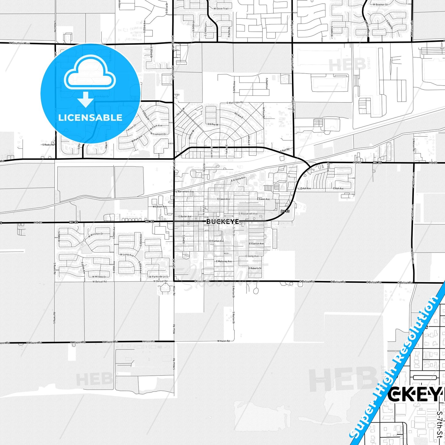 Buckeye, Arizona Light Map with Street Names, City Names, and Districts