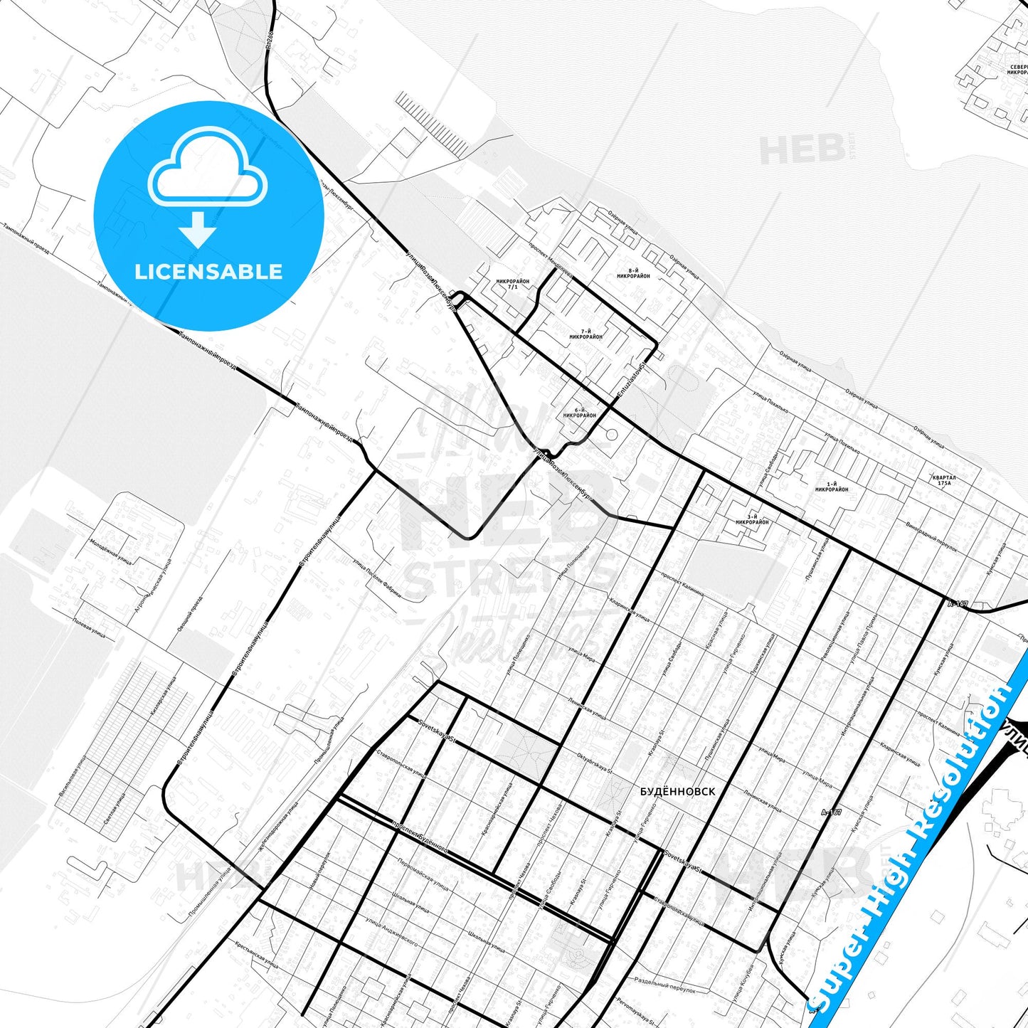 Budyonnovsk, Russia Light Map with Street Names, City Names, and Districts