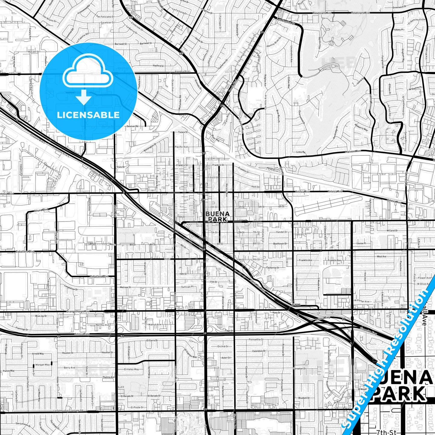 Buena Park, California Light Map with Street Names, City Names, and Districts