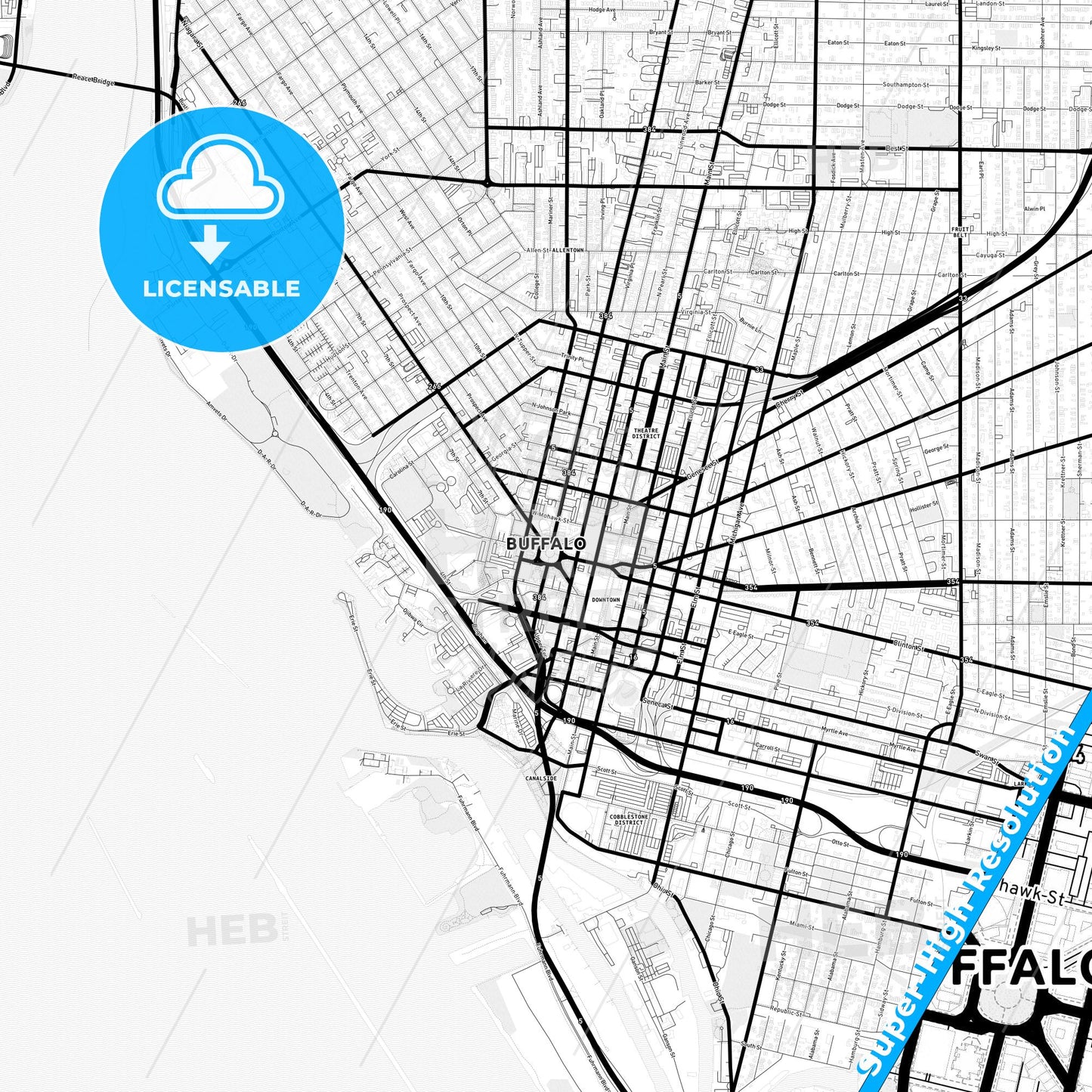 Buffalo, New York Light Map with Street Names, City Names, and Districts