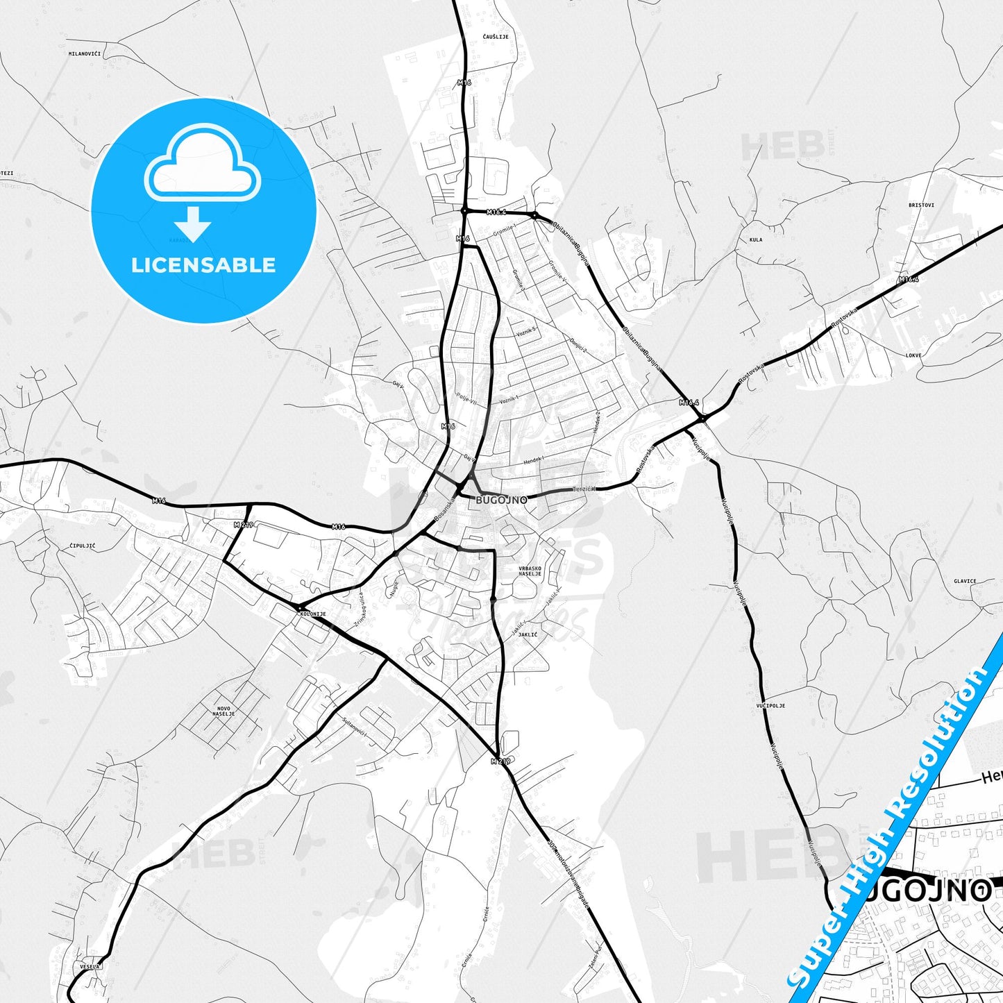 Bugojno, Bosnia and Herzegovina Light Map with Street Names, City Names, and Districts