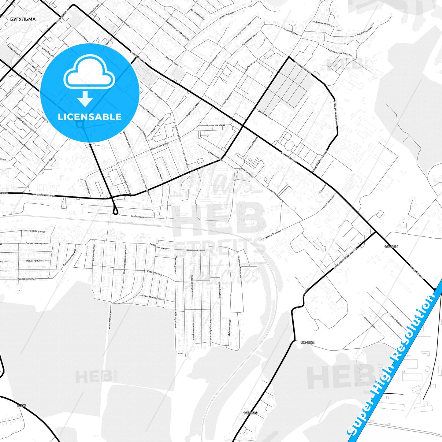Bugulma, Russia Light Map with Street Names, City Names, and Districts