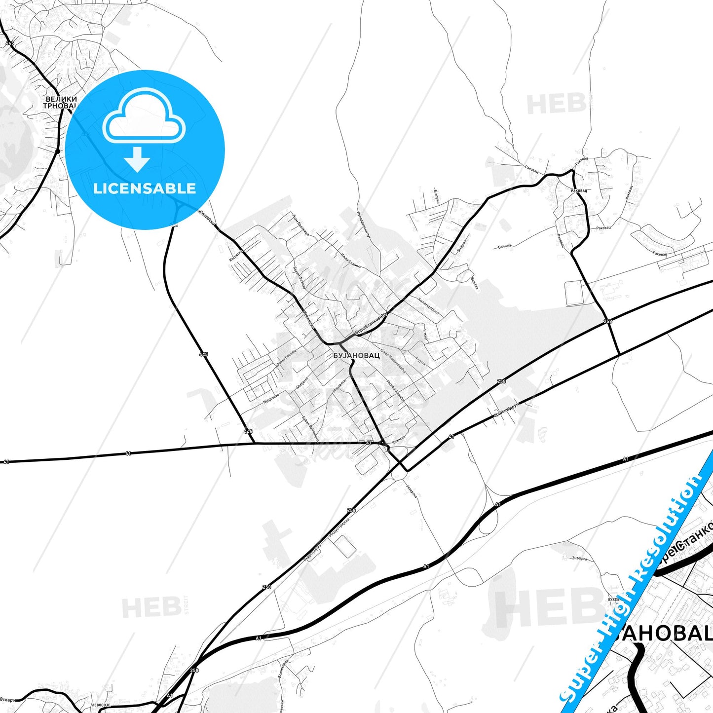 Bujanovac, Serbia Light Map with Street Names, City Names, and Districts