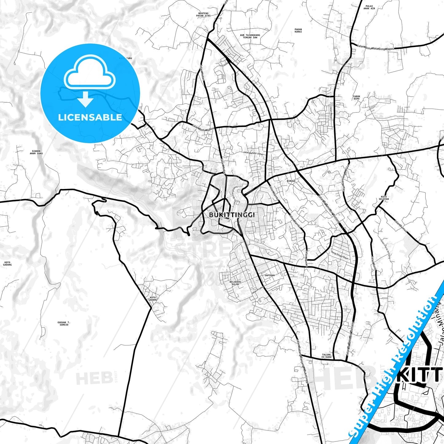 Bukittinggi, Indonesia Light Map with Street Names, City Names, and Districts