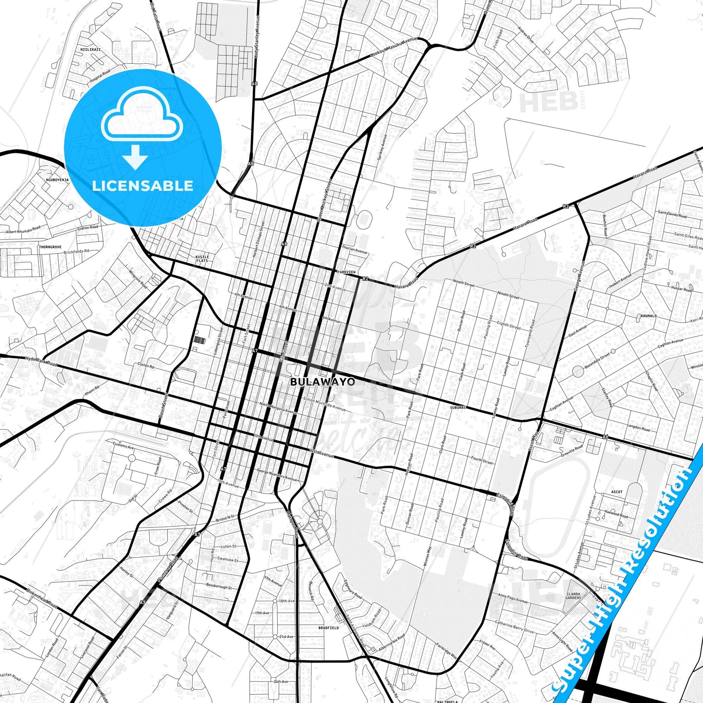 Bulawayo, Zimbabwe Light Map with Street Names, City Names, and Districts