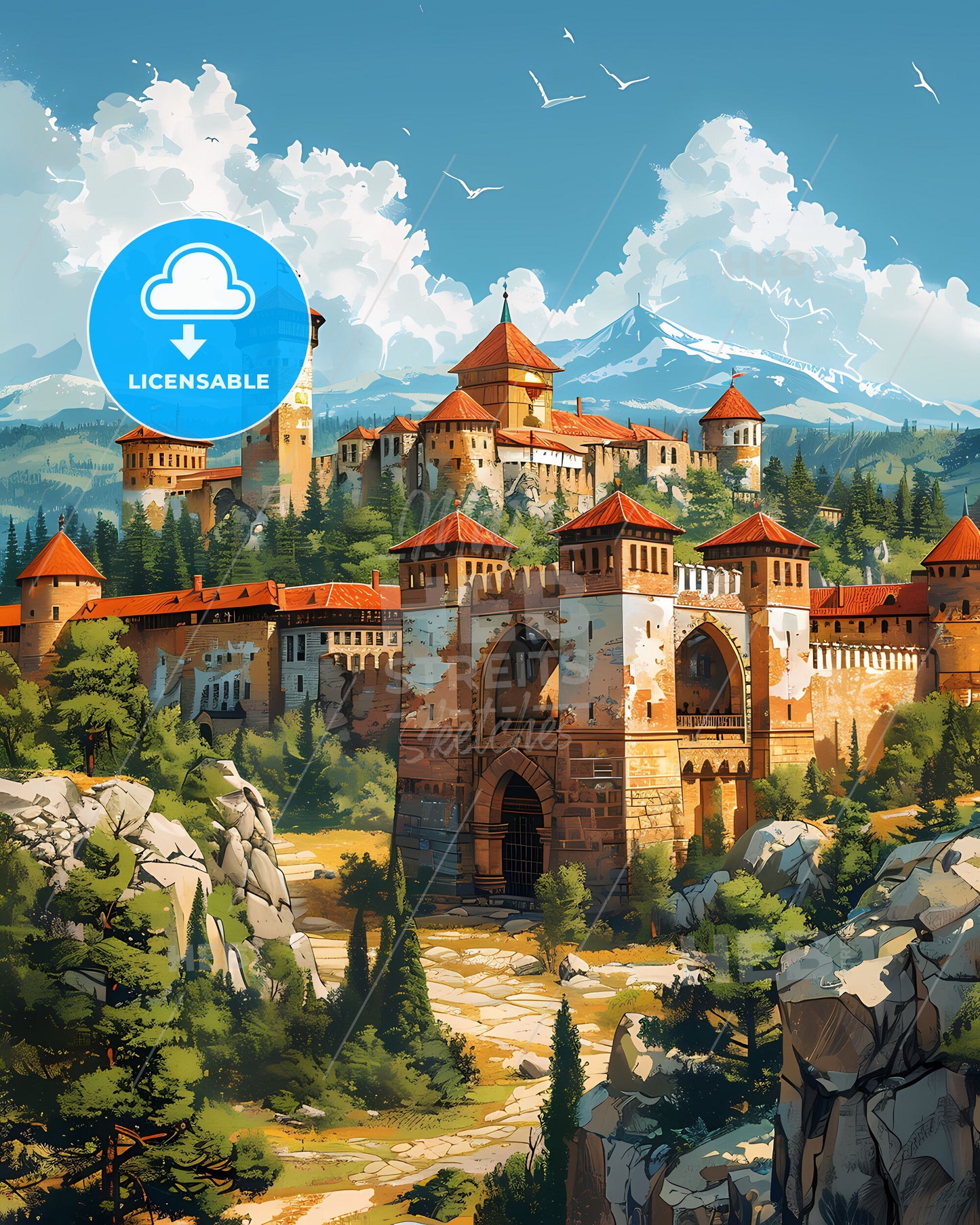 Mesmerizing Impressionistic Painting: Bulgarian Castle in Serene Nature Setting