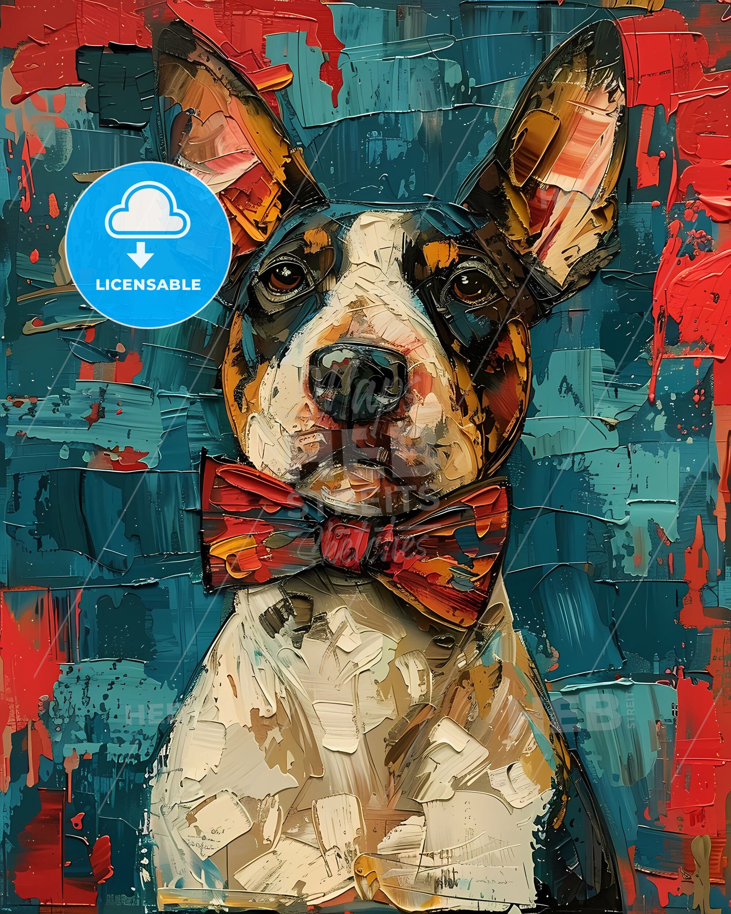 Modern Art Painting of a Bull Terrier with Bow Tie, Digital Artwork, Dog Portrait, Vibrant Colors