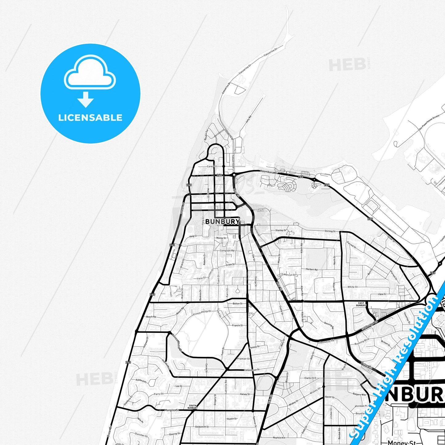 Bunbury, Australia Light Map with Street Names, City Names, and Districts
