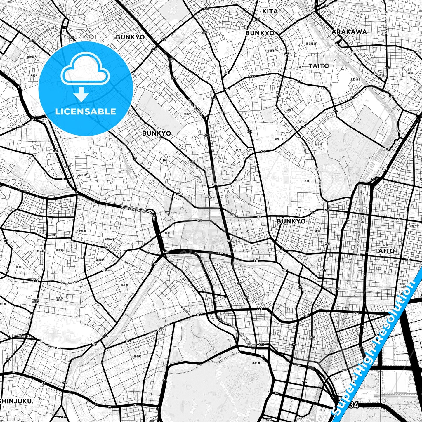 Bunkyō, Japan Light Map with Street Names, City Names, and Districts