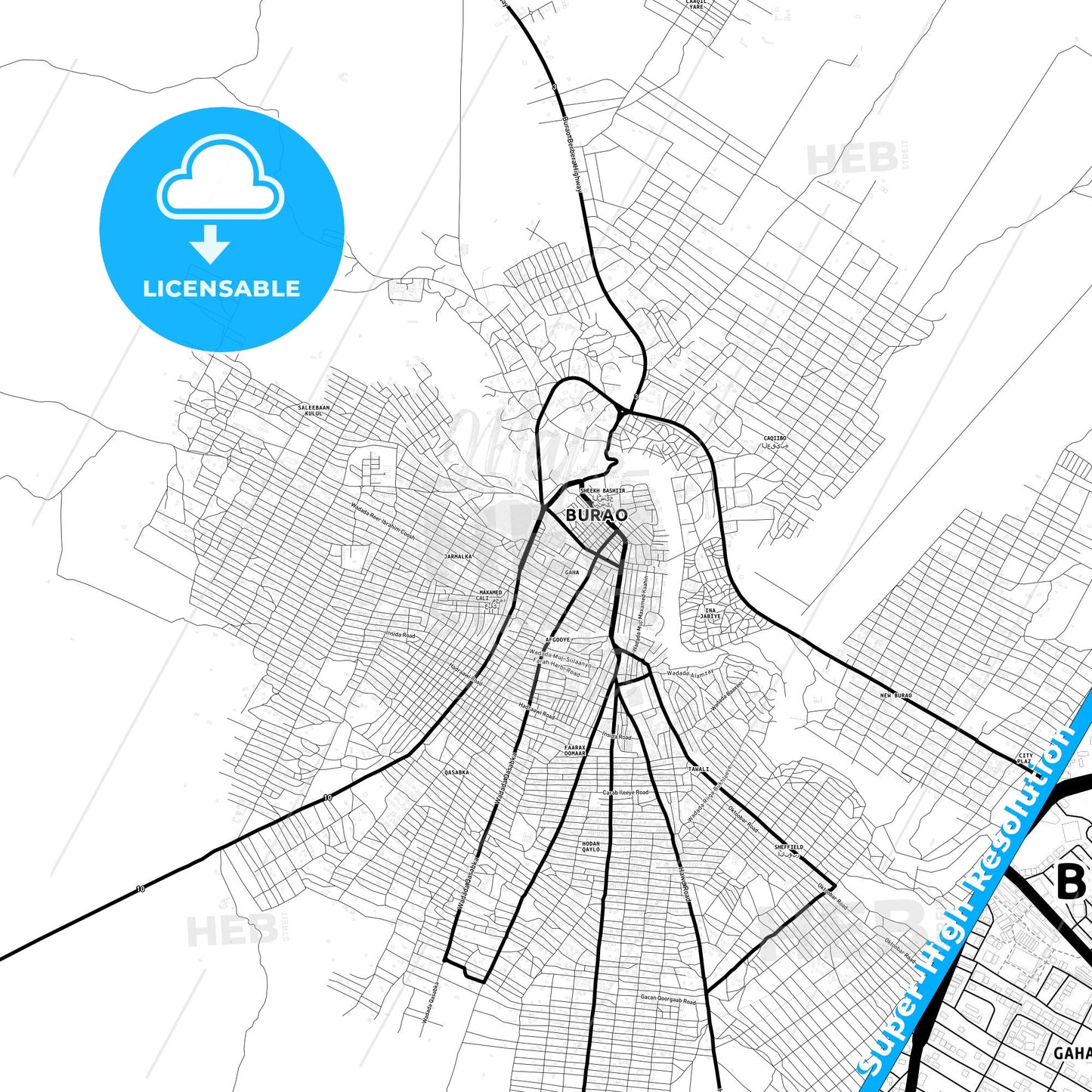 Burao, Somalia Light Map with Street Names, City Names, and Districts