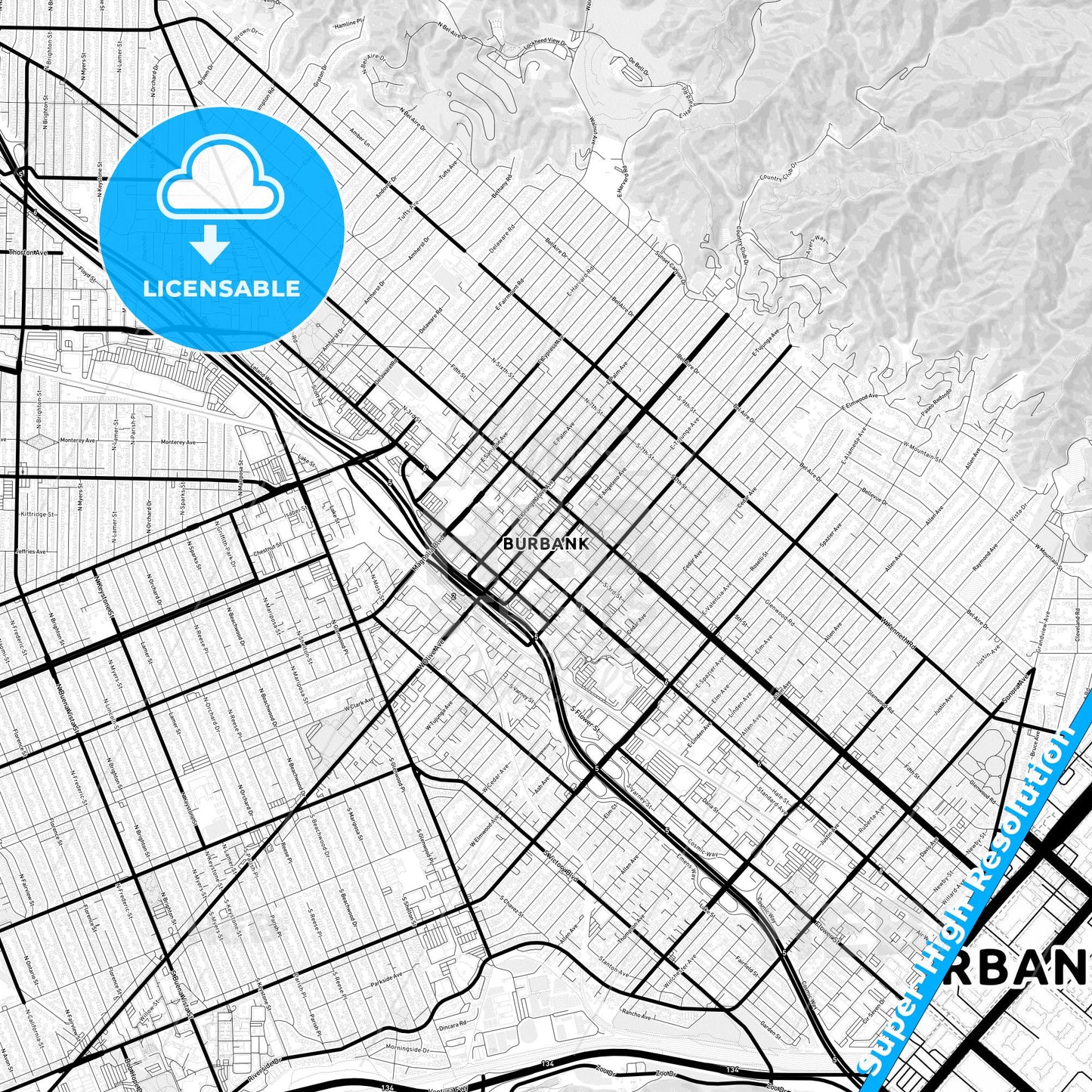 Burbank, California Light Map with Street Names, City Names, and Districts