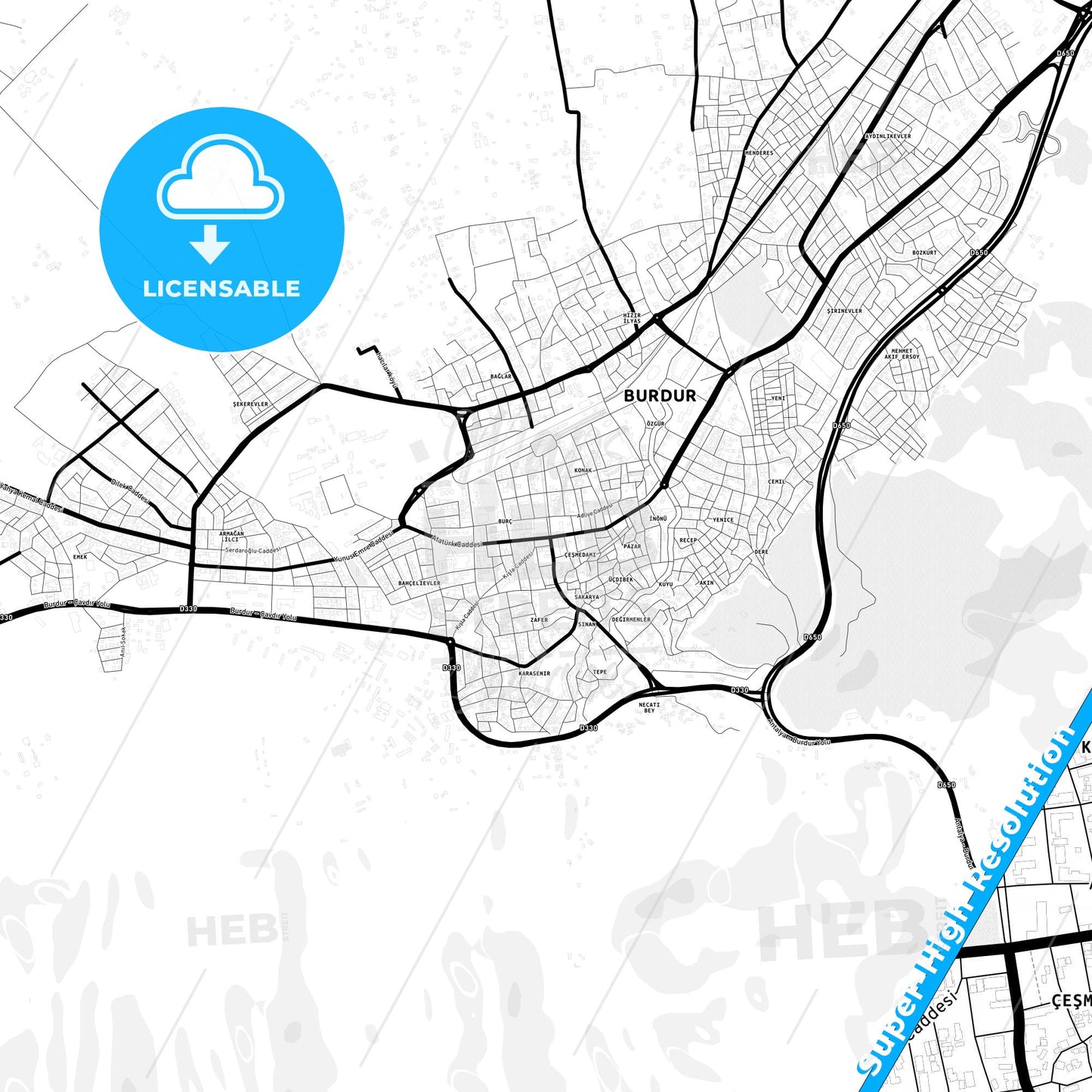Burdur, Turkey Light Map with Street Names, City Names, and Districts