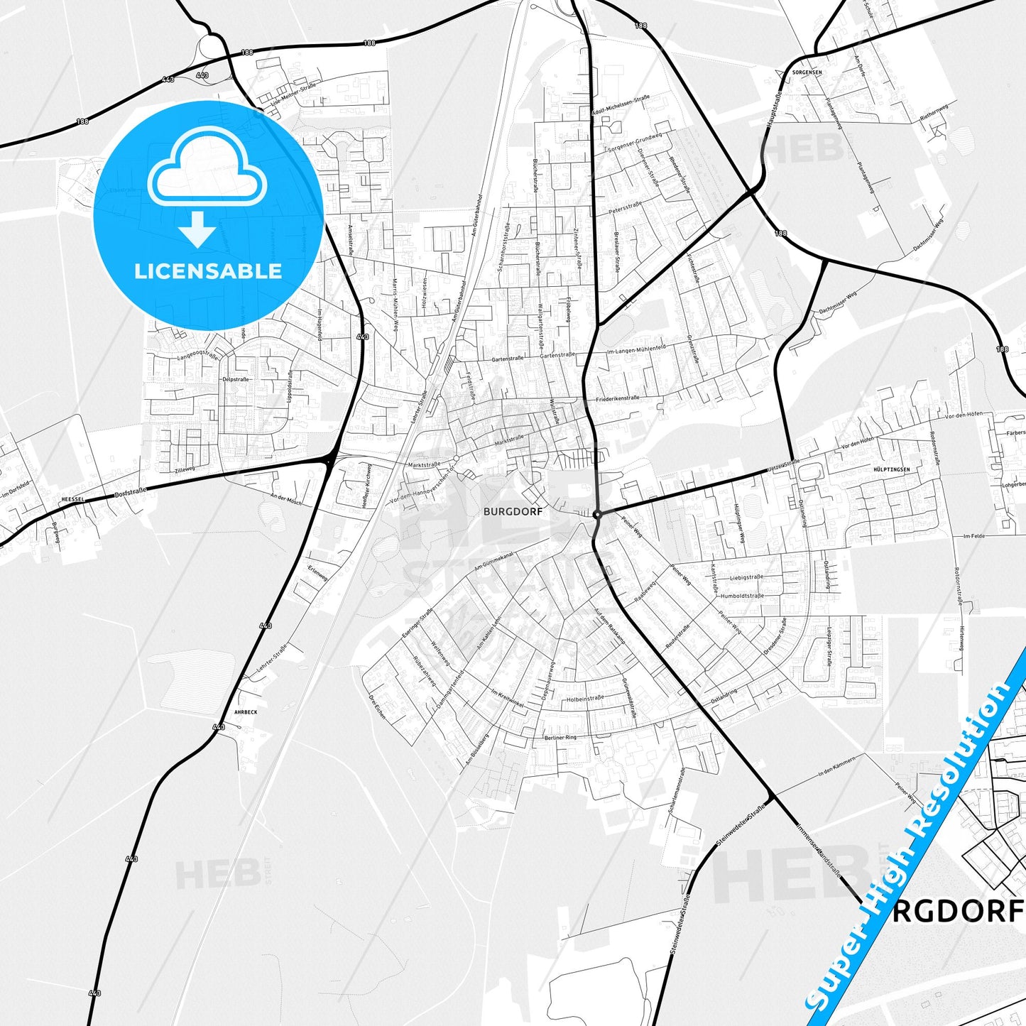Burgdorf, Germany Light Map with Street Names, City Names, and Districts